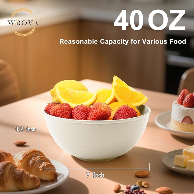 Beige Wheat Straw Bowls for Cereal and Salad,Alternative Plastic Bowls Set of 6,40oz Unbreakable Soup Bowls suitable for Kitchen,Party,Camping and R.V.