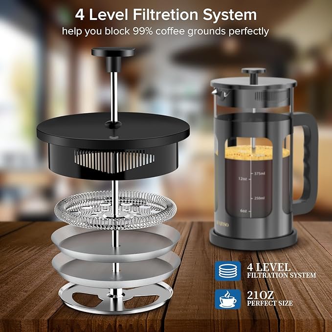 French Press Coffee Maker, French Press 304 Stainless Steel with 4 Filter, Heat Resistant Durable, Easy to Clean, Borosilicate Glass Coffee Press, 100% BPA Free Glass Teapot, 21 ounce, Dark Pewter