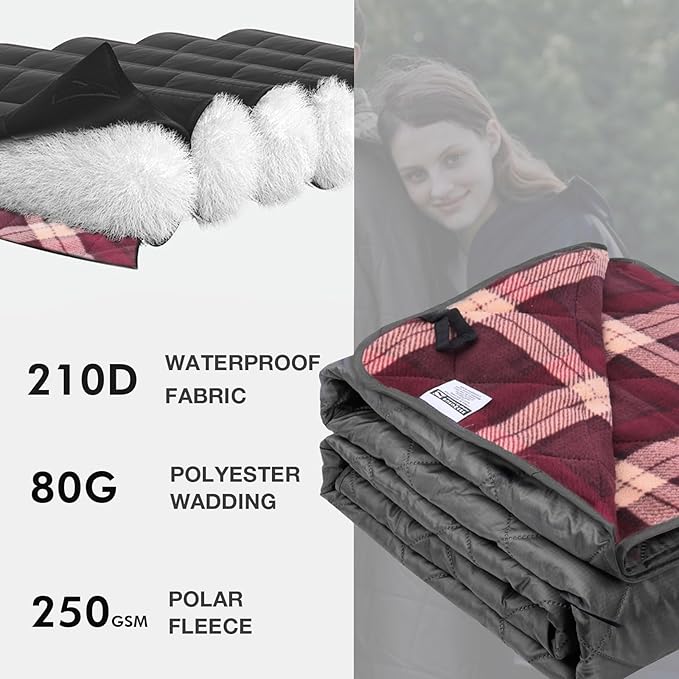 DUKUSEEK Large Camping Blanket - Waterproof, Quilted, Extra Thick Fleece, Warm, Windproof, Wearable, Includes Foldable Hood and Stuff Sack for Car, Outdoor Sports, Picnics, Stadiums, Dogs…