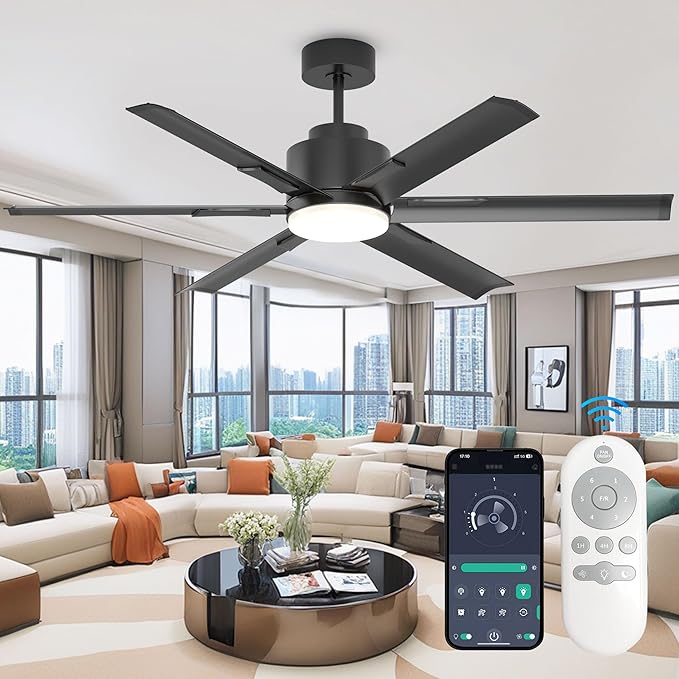 JAYNLT 60 Inch Ceiling Fan with Light,Industrial LED Fan Lights with 6 Aluminium Blades,Large Ceiling Fan - Remote/APP Control, Air Reversible 6 Speed 3 Colors Noiseless DC Motor for Kitchen,Shop