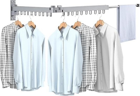 Bakala Clothes Drying Rack, Laundry Drying Rack Foldable, Heavy-Duty Space Saving Hangers, Wall Mounted Clothing Racks for Laundry Room Organization, Folding, Retractable 64" Clothes Dryer (Silver)