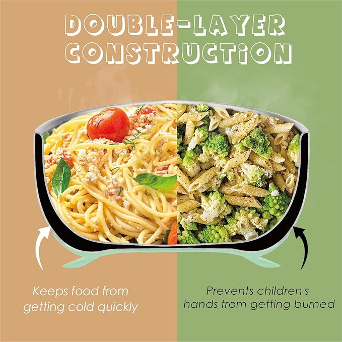 MR. CHOU Baby Bowls with Non-Slip Silicone Suction Cup, Insulated Double-Layer 304 Stainless Steel Toddler Bowls with BPA Free Airtight Lids, Food-Grade Silicone Safe for Kids (Green)