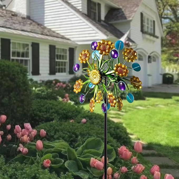 Wind Spinner, Metal Yellow florets and Purple Jewelry 44.25 inch Outdoor Metal Wind Spinners for Patio,Lawn,Garden,Creative Gifts for Women, Double Windmill with Stable Stake
