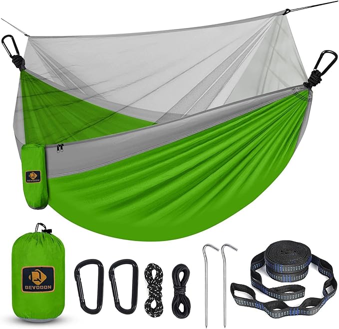Camping Hammock with Net,Travel Portable Lightweight Hammocks with Tree Straps and Solid D-Shape Carabiners,Parachute Nylon Hammock for Outsides Backpacking Beach Backyard Patio Hiking