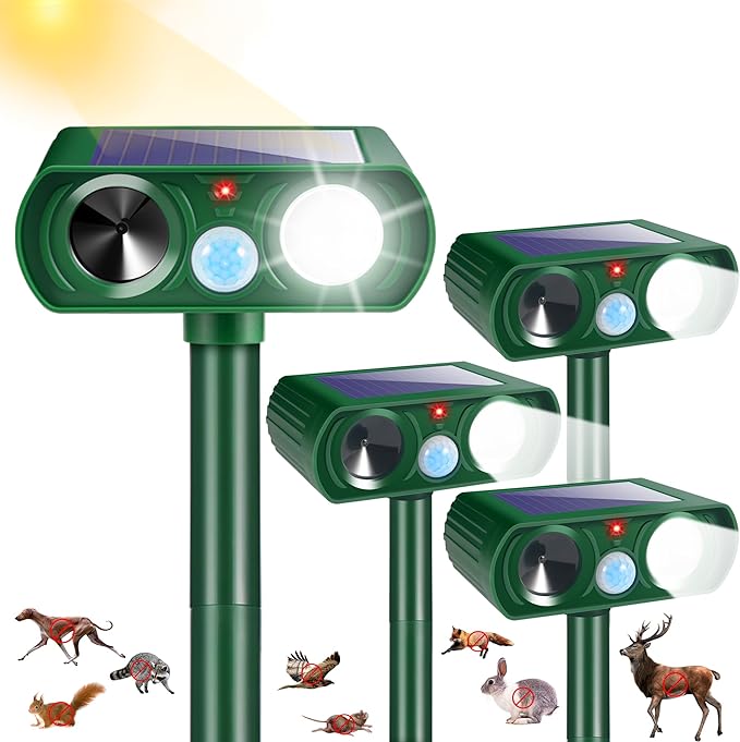 4Pack Solar Ultrasonic Animal Repellent Outdoor Deer Repellent Devices with Motion Detection&Flash Light Squirrel Cat Raccoon Rabbit Dog Deterrent,Keep Rodent Chipmunk Squirrel Away for Yard Garden