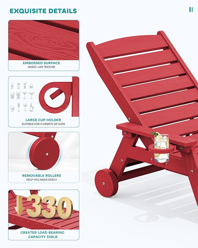 SERWALL Patio Chaise Lounge Chair, 78'' Long HDPE Outdoor Lounge Chair 5 Positions Adjustable Outdoor Lounger, Poly Lounge Chair with Rolling Wheels & Cup Holder for Pool, Bright Red
