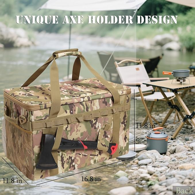 38L Tactical Camping Storage Bag with Axe Holder - Utility Tote Bag Camping Kitchen Organizer Trunk Organizer with Shoulder Strap (c)