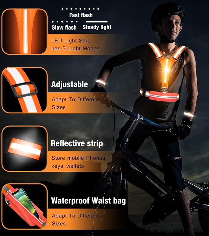 LED Reflective Vest Running Gear Set,USB Rechargeable Light Up Running Vest for Runners Night Walking with Waterproof Phone Bag,High Visibility Armband,Adjustable Waist&Shoulder for Men Women