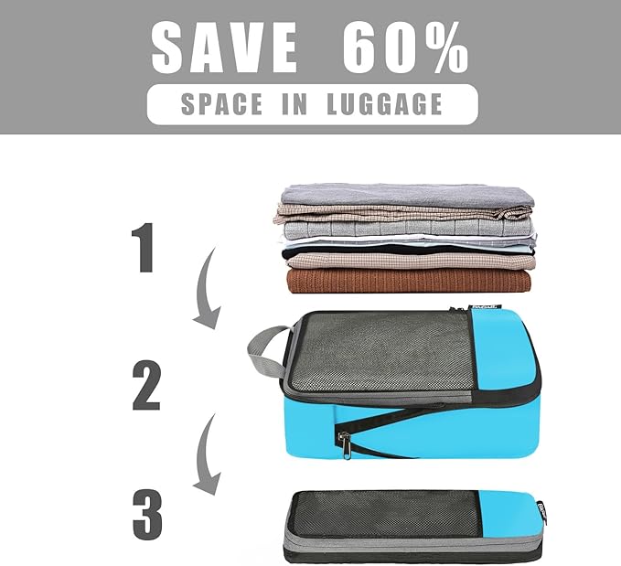 BAGAIL 4 Set/6 Set/8 Set Compression Packing Cubes Travel Accessories Expandable Packing Organizers (Half Mesh, 6-Blue)