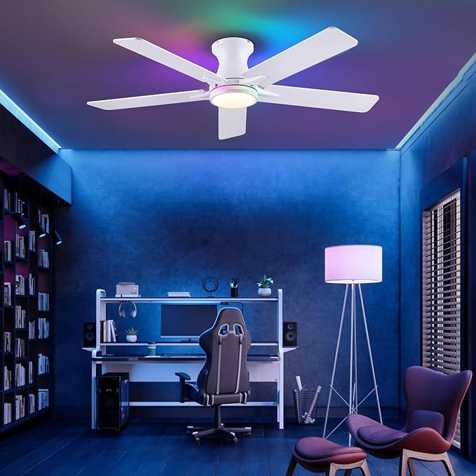 Low Profile RGB Ceiling Fans with Lights and Remote,52" White Flush Mount Ceiling Fans with Quiet Reversible DC Motor, Dimmable LED Ceiling Fan Light with 3 Colors 6 Speeds
