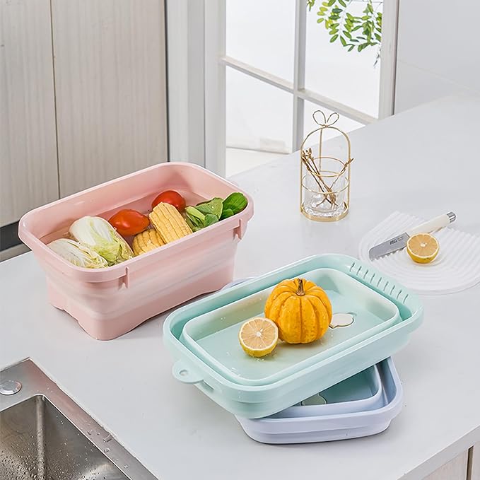 Collapsible Dish Pans, 2Gal (7.5L) Capacity, Plastic Dish Tub Dishpan for Kitchen Sink with Drainage Hole, Foldable Small Wash Basin for Kitchen, Camping, Travel (Pink)