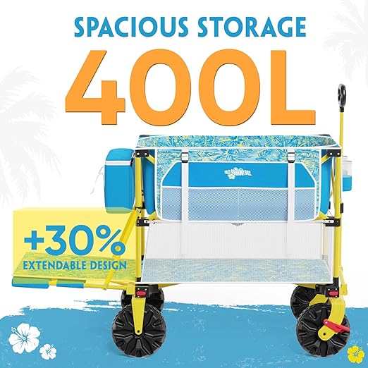 400L Collapsible Double Decker Beach Wagon with Cooler Bag, 450LBS Heavy Duty Folding Beach Cart with 54" Extra-Long Tailgate, All-Terrain Big Wheels with Brakes for Outdoor, Camping, Sports, Shopping