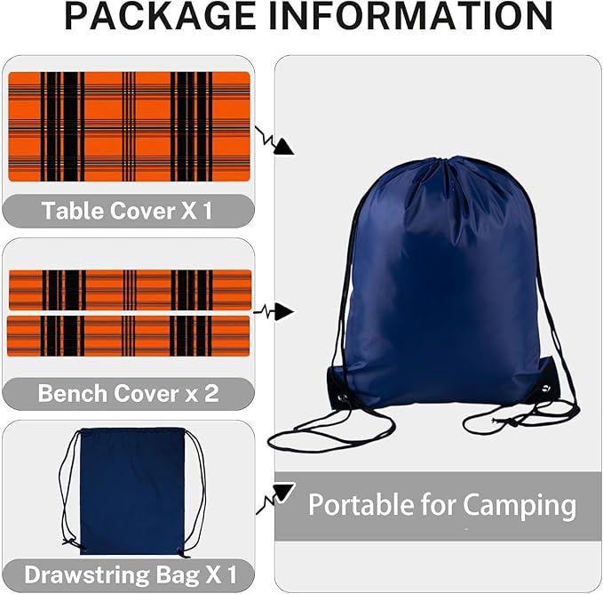 CAPSCEOLL Fitted Picnic Table Cover with Bench Covers with Elastic 8Ft Waterproof Picnic Table Cloths Windproof Outdoor Camping Tablecloth with Drawstring Bag, 96X30in, Orange Plaid