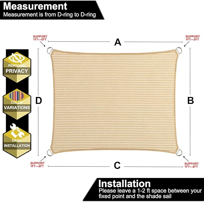 16' x 16' Beige Outdoor Sun Shade Sail Canopy ??UV Resistant Permeable Awning Fabric for Patio, Garden, Backyard, Pergola, Carport, Lawn Shelter Cover