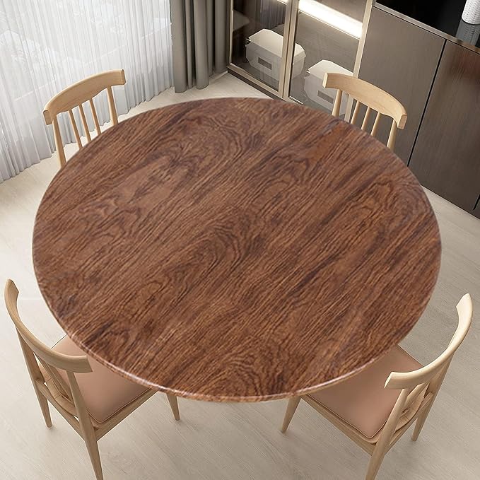 LUSHVIDA Round Waterproof Table Cover Elastic Vinyl Fitted Tablecloth Elastic Edged Plastic Table Cloth Fits Tables up to 45"-56" R Oak