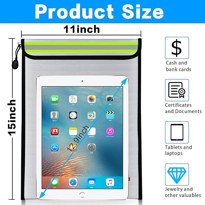 2PCS 15"x11" Fireproof Document Money Bag Home Office Travel Fireproof Safe Storage Pouch for A4 Document Cash Money Valuables Jewelry Passport Currency Keys Tablet Power Bank Lipo Battery