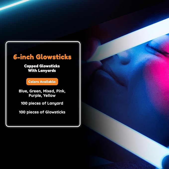 Glow Fever Glow in The Dark Sticks - 100 ct 6" Glow Sticks Bulk Party Pack with End Caps & Lanyards - Glow Party Favors for Concert, Festival, & Wedding Neon Light Sticks by Party Dragon, Multi