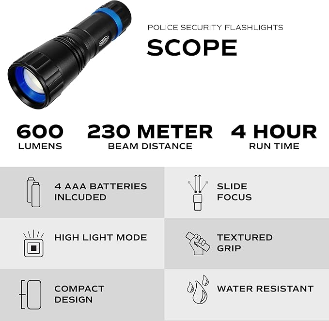 Police Security Scope Ultra-Bright 750 Lumen Flashlight, Compact, Heavy Duty, 3 Modes, Slide Focus, 4 AAA Batteries, Perfect for DIY to Camping to Trade Professional Needs