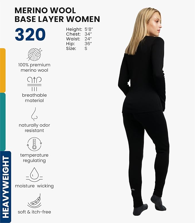 Merino.tech Merino Wool Base Layer Women Set - Heavyweight, Lite, Midweight Merino Thermal Underwear For Women Top, Bottom