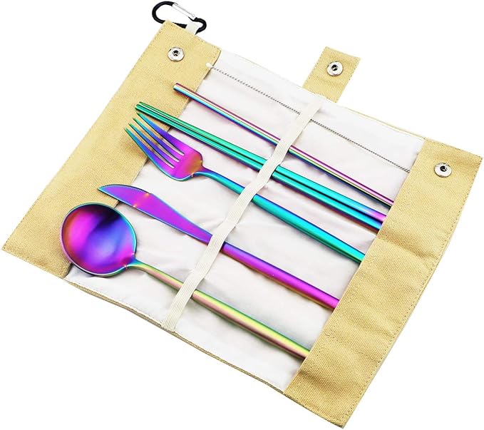 Gugrida Reusable Travel Utensils, 7 Piece Portable 304 Stainless Steel including Knife Fork Spoon Chopsticks Cleaning Brush Straws Portable Pouch, Eco-friendly Camping Silverware Set, Dishwasher Safe