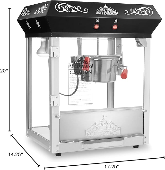 Olde Midway Bar Style Popcorn Machine Maker Popper with 6-Ounce Kettle - Black
