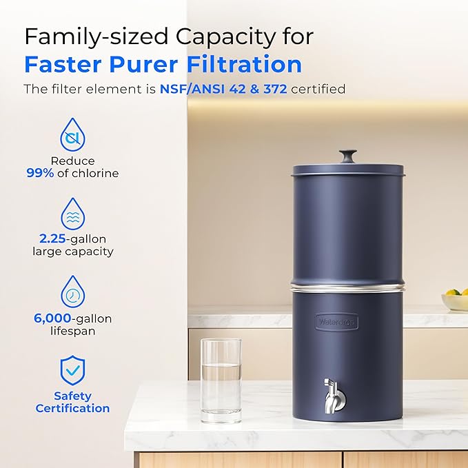 Waterdrop 2.25G Gravity Water Filter System, NSF/ANSI 42&371 Standard, Stainless Steel System with 2 Carbon Filters, Reduces 99% of Lead and Chlorine for Home, Camping, Emergencies, King Tank, Blue