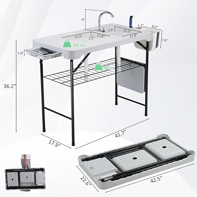 Dragosum 42'' Outdoor Fish Cleaning Table Portable Camping Sink Station with Double Sinks, Collapsible Swivel Faucet, Picnic Sink Table for Picnic Beach Patio