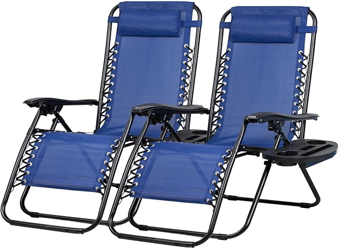 Nazhura Set of 2 Relaxing Recliners Patio Chairs Adjustable Steel Mesh Zero Gravity Lounge Chair Beach Chairs with Pillow and Cup Holder (Blue)