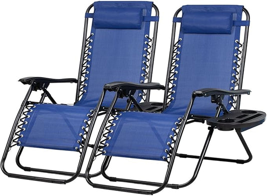 Nazhura Set of 2 Relaxing Recliners Patio Chairs Adjustable Steel Mesh Zero Gravity Lounge Chair Beach Chairs with Pillow and Cup Holder (Blue)