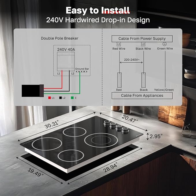 ThermoMate 30 Inch Electric Cooktop, 4 Burners Knob Control Built-in Ceramic Cooktop, 30" Radiant Electric Stove Top of 6700W with 9 Heat Levels, Hot Surface Indicator, 220-240v, Hard Wired
