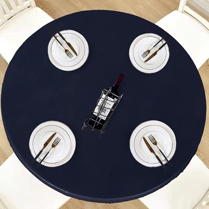 LUSHVIDA Round Waterproof Table Cover Elastic Vinyl Fitted Tablecloth Elastic Edged Plastic Table Cloth (Navy, Best for Up to 45"-56" Round)