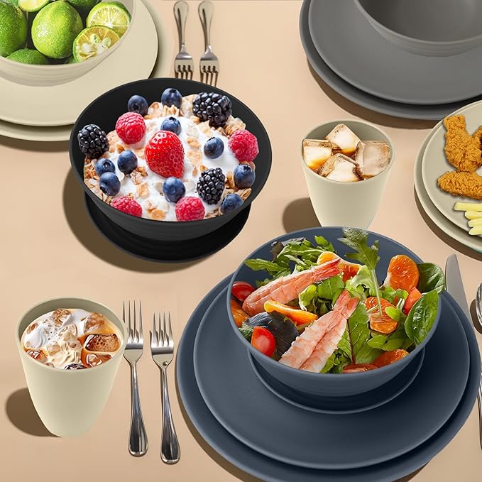 40Pack plates and bowls sets for dinner - Unbreakable wheat straw dinnerware sets service for 8 - Alternative plastic 40pcs dish sets for camping,picnic and R.V. - (Black & Grey)