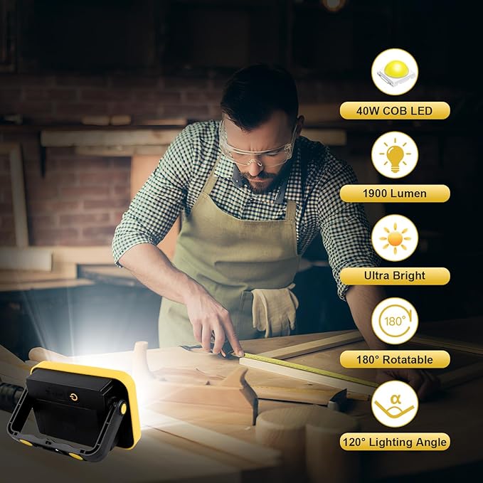 Rechargeable Flood Light with Tripod Hole, Portable COB Work Light Battery Operated, LED Work Lights Waterproof 180° Rotate for Job Site Garage Camping Car Repair, Gifts for Men