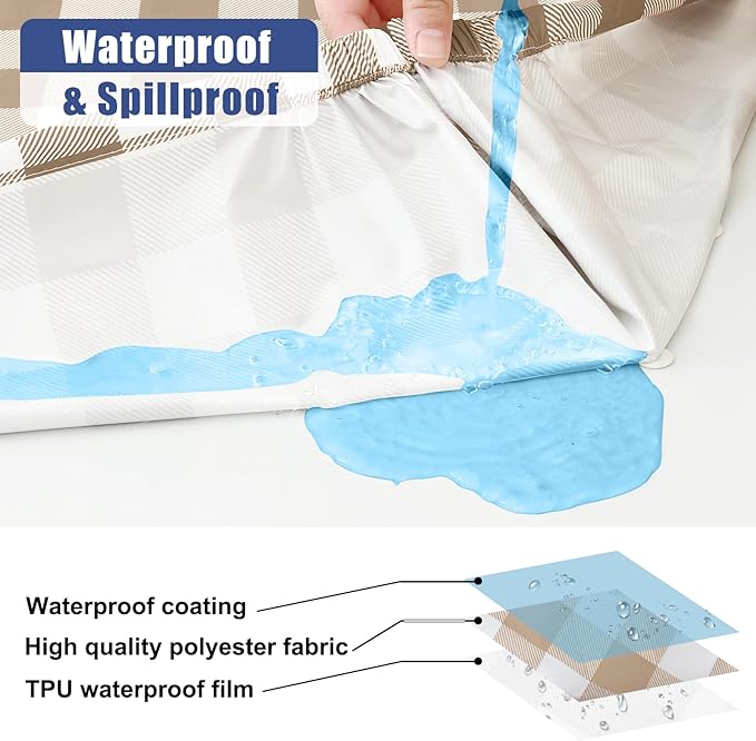 Smiry Picnic Table Cover with Bench Covers, Waterproof Elastic Fitted Tablecloths for 8 Foot Rectangle Tables, Washable Buffalo Plaid Tablecloth for Camping, Outdoor (Khaki & White, 30"x96")