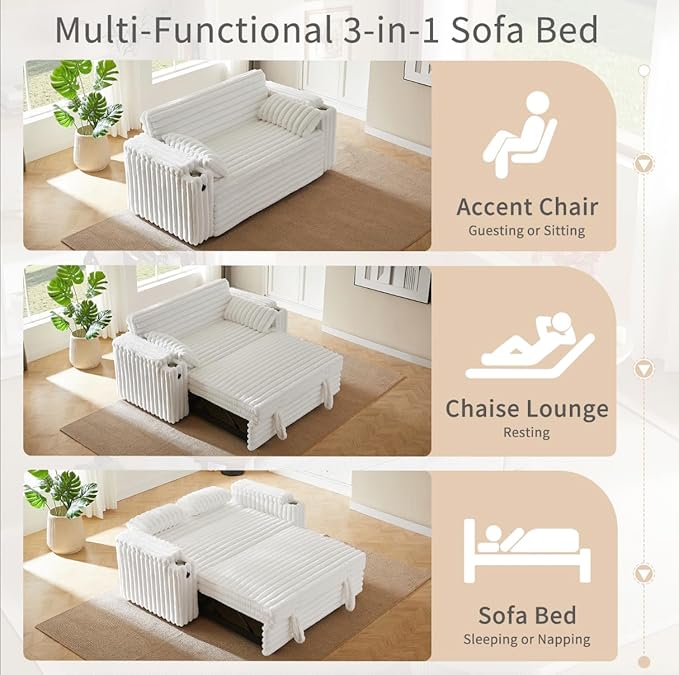 68.11" Corduroy Sleeper Chair Bed with USB Port, Cup Holders & Side Storage Pockets – 3-in-1 Foldable Sofa Bed for Guest Room, Living Room -White