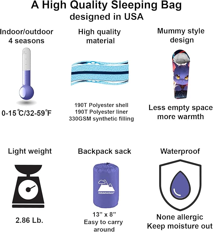 Mummy Style 32 – 59F Kids Sleeping Bag with Pillow Sleeve, Full Scale Digital Printing Unicorn, Mermaid, Kitty or Puppy, Lightweight, Ideal for Camping, Sleepover, Boys, Girls, Youth and Toddlers