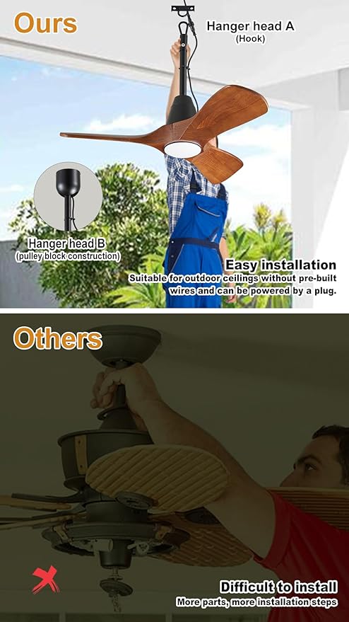 3 Blades Wood Outdoor Ceiling Fan with Light for Patios, Farmhouse Rustic Ceiling Fans with Lights, 34" Plug-In Wet Rated Outdoor Gazebo Fan with Light for Exterior House Porch Patio, Waterproof, F245