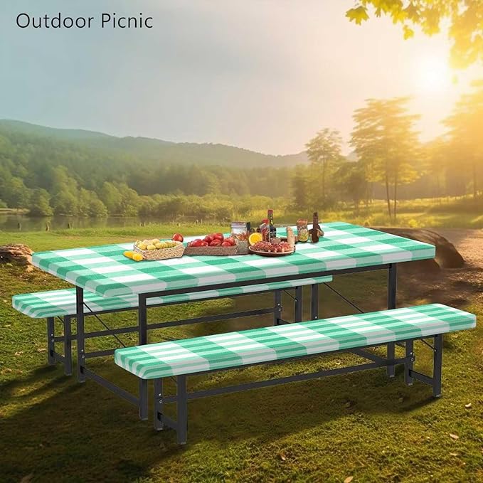 CAPSCEOLL Fitted Picnic Table Cover with Bench Covers with Elastic 8Ft Waterproof Camping Picnic Table Cover Cloths for Outdoors Camping Tablecloth with Drawstring Bag, 96X30in, Green Checkered