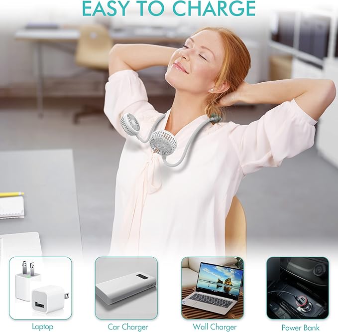 Portable Neck Fan, 2600mAh Battery Operated Ultra Quiet Hands Free USB Fan with 3 Speeds, Strong Wind, 360° Adjustable High Flexibility Wearable Personal Fan for Home Office Outdoor Travel (White)