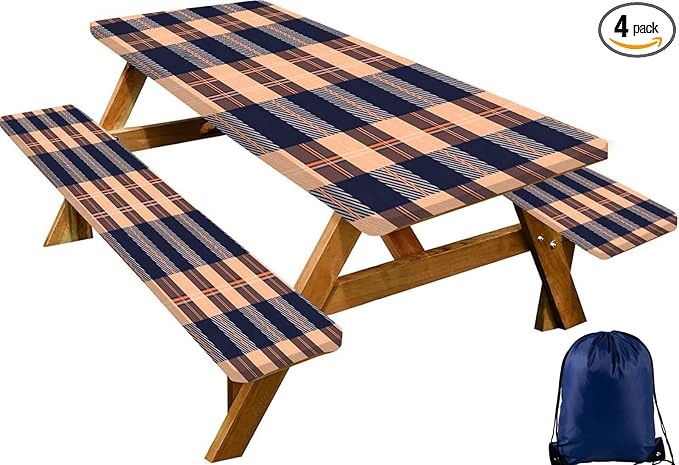 CAPSCEOLL Fitted Picnic Table Cover with Bench Covers with Elastic 8Ft Waterproof Picnic Table Cloths Windproof Outdoor Camping Tablecloth with Drawstring Bag, 96X30in, Autumn Plaid