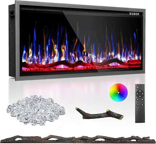 BREEZEHEAT 42 Inch Electric Fireplace-Recessed & Wall Mounted Linear Fireplace-750/1500W Heater w/Temperature Control, Log & Crystal Options, Adjustable Flame, Remote Control