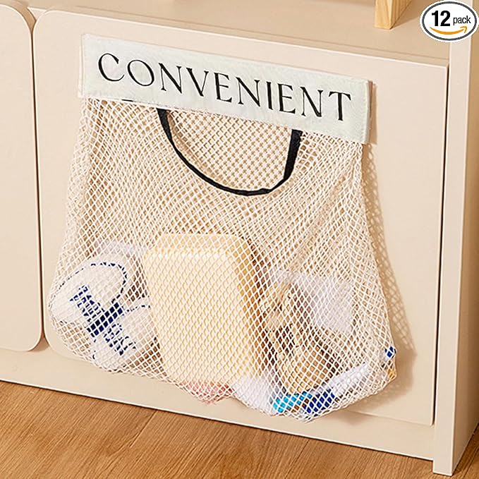 Mesh Storage Bags 12Pcs, Polyester Hanging Storage Mesh Bag for Bathroom, Kitchen, Hotel and University Dorm, Space-Saving Bedside Storage Bag, Socks Organizer Bags, Small Car Net Pocket