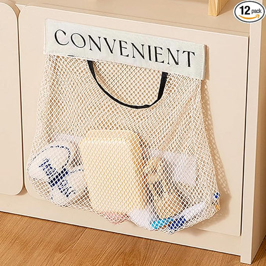 Mesh Storage Bags 12Pcs, Polyester Hanging Storage Mesh Bag for Bathroom, Kitchen, Hotel and University Dorm, Space-Saving Bedside Storage Bag, Socks Organizer Bags, Small Car Net Pocket