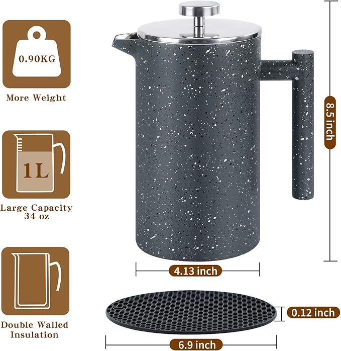French Press Coffee Maker 34oz with Double-Insulated Stainless Steel Large Metal Coffee Press with 3 Layer Filtration System for Ultimate Coffee Tea Brewing in Travel Camping or Home