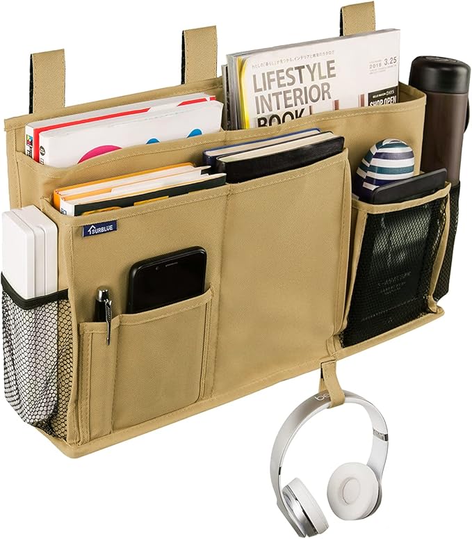Surblue Bedside Caddy Hanging Bed Organizer Storage Bag Pocket for Bunk and Hospital Beds, College Dorm Rooms Baby Bed Rails,Camp 8 Pockets (Khaki)
