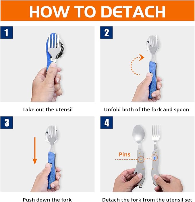 Camping Silverware Set HIKENTURE 4-In-1 Stainless Steel Hobo Knife Fork Spoon Bottle Opener with Storage Case (Blue)