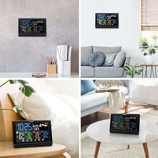 Geevon Weather Stations Wireless Indoor Outdoor, Digital Color Display Thermometer Hygrometer with 3 Sensors, AC Adaptor and Adjustable Backlight, Temperature Humidity Monitor for Home Office Bedroom