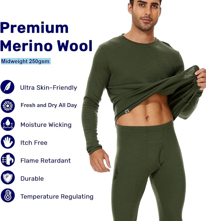 MERINNOVATION Merino Wool Base Layer Set for Men 100% Merino Wool Thermal Underwear Long Sleeve
