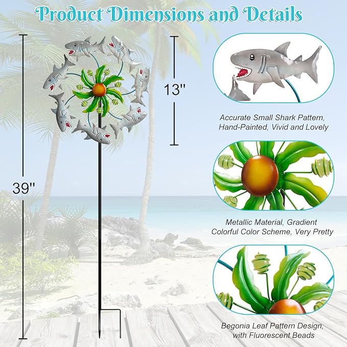 Shark Outdoor Wind Spinners - 39" Ocean-Themed Metal Wind Sculptures Garden Stake Art, 13.5” Windmill Yard Kinetic, Outdoor Decor for Patio & Lawn - Metal Beach Sculpture with Shark Design