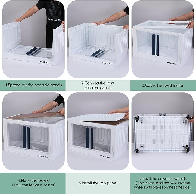 HAUSHOF Closet Organizers and Storage Bin, 3 Pack 22 Gal (88Qt) Plastic Stackable Storage Bins with Lids and Caster Wheel, Large Collapsible Folding Box, Blue and White